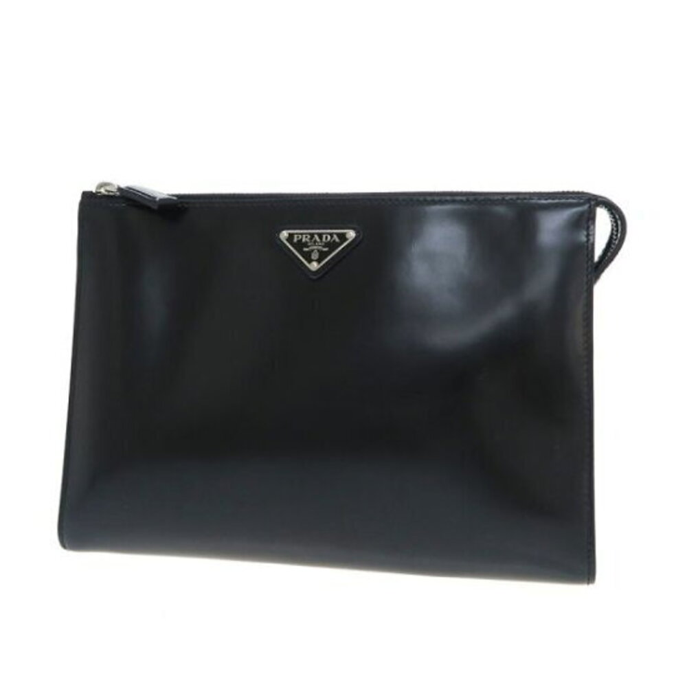 Prada black leather top zip pouch clutch bag